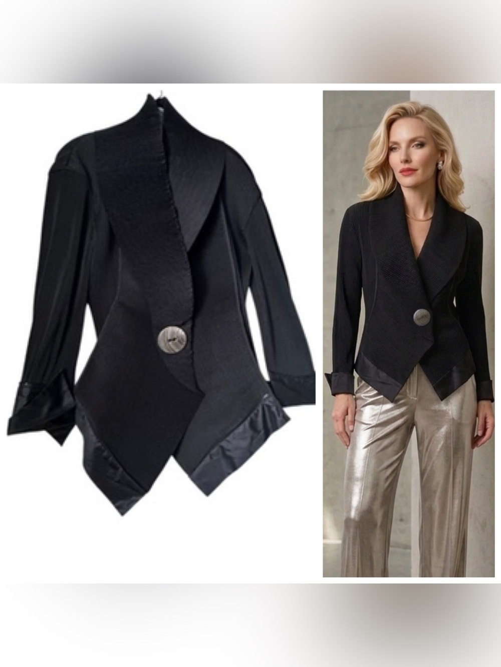 IPSE NEW Pleated Asymmetrical Jacket Shawl Collar Boho Oversized Button Blazer L